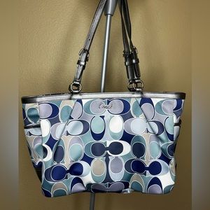Coach Gallery Blue Signature Print Sateen EW Tote with Long Wallet and Scarf